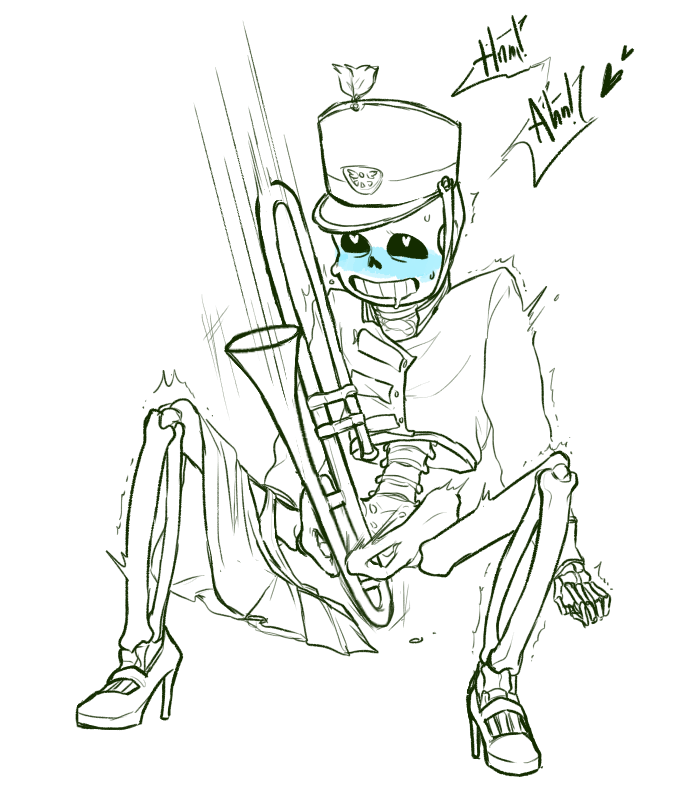 1boy 2010s animated_skeleton blue_blush blush bottom_sans clothed crossdressing drooling eli-sin-g hat heart-shaped_pupils heart_eyes high_heels kolesjoie male male_only moaning monochrome monster musical_instrument object_insertion partially_colored sans sans_(undertale) sitting skeleton skirt_around_one_leg solo solo_male text trombone uke_sans undead undertale undertale_(series) uniform