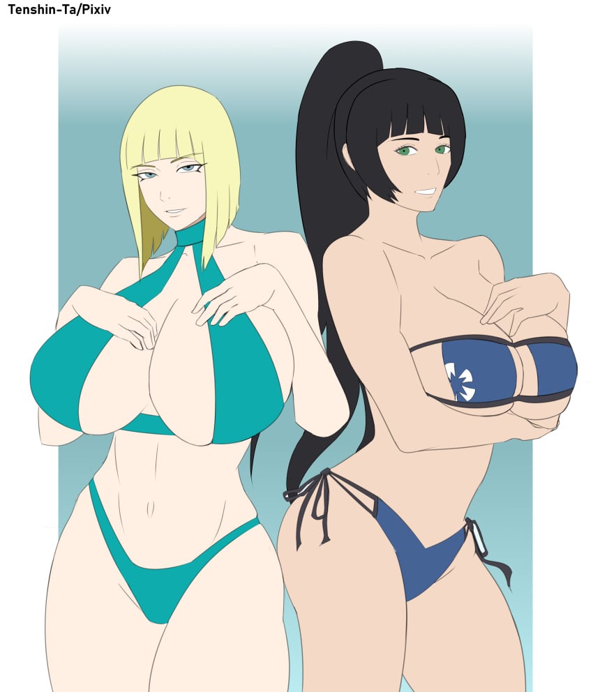 1girl 2_girls adult age_difference arm_under_breasts big_breasts big_breasts big_breasts bikini black_hair blonde_hair blue_eyes blunt_bangs bob_cut breasts breasts_bigger_than_head center_opening cleavage female_only floral_print green_eyes hime_cut huge_breasts multiple_girls naruto naruto_(series) naruto_shippuden older_female one-piece_swimsuit oppai ponytail sagging_breasts samui shizuka_(naruto) short_hair side-tie_bikini strapless_bikini swimsuit take_your_pick teen tenshin-ta thick_thighs tied_hair voluptuous younger_female