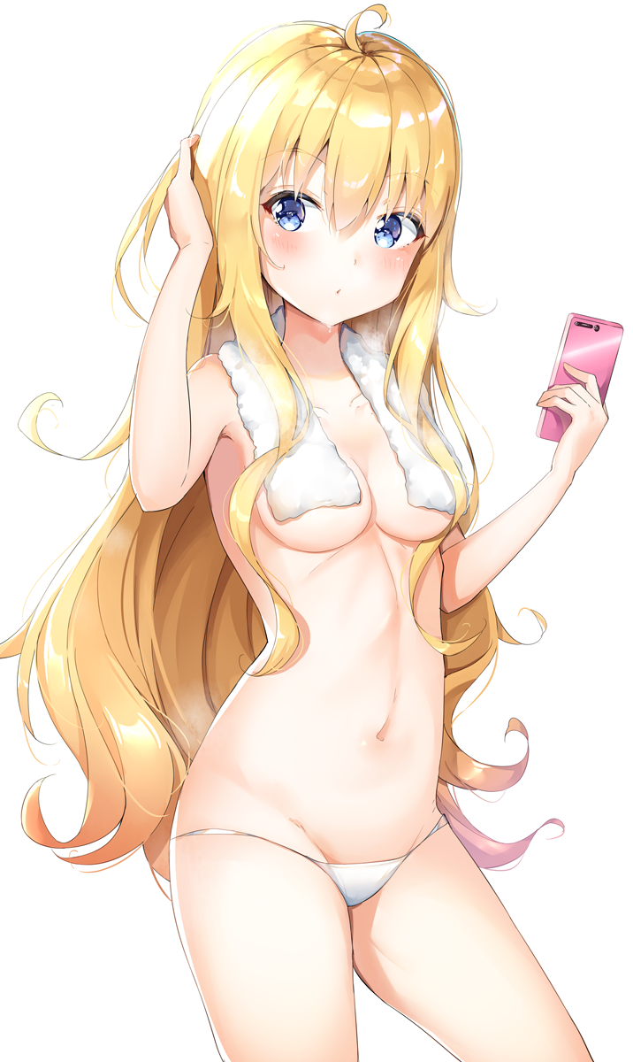 1girl 1girl ahoge blonde_hair blue_eyes blush breasts cellphone commentary convenient_censoring cowboy_shot gabriel_dropout gabriel_tenma_white hand_in_own_hair hand_up high_res holding holding_phone legs_apart long_hair looking_at_viewer medium_breasts navel panties parted_lips phone shiero. simple_background smartphone standing steam stomach topless towel towel_around_neck underwear underwear_only white_background white_panties