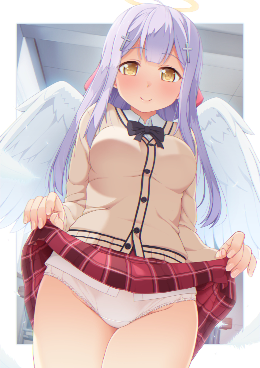 1girl 1girl ahoge angel angel_wings black_bow black_bowtie blush bow bowtie breasts cardigan closed_mouth clothes_lift commentary_request cowboy_shot cross_hair_ornament from_below gabriel_dropout groin hair_ornament halo high_res lifted_by_self long_hair long_sleeves looking_at_viewer medium_breasts miniskirt panties pleated_skirt purple_hair raphiel_shiraha_ainsworth school_uniform skirt skirt_lift smile tachimi_(basue) thighs underwear white_panties wings yellow_eyes