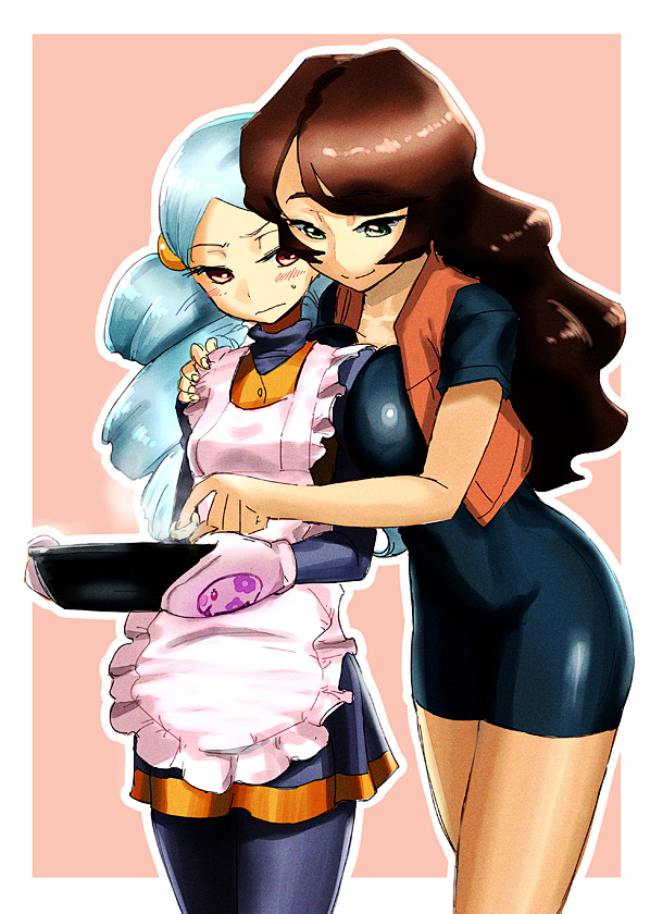 2_girls 2girls ace_trainer_(pokemon) apron arm arm_around_shoulder art bare_legs between_breasts big_breasts black_legwear blue_eyes blue_hair blush breast_press breasts brown_hair couple dish drill_hair female food from_behind gloves grabbing green_eyes half-closed_eyes hand_on_another's_shoulder hand_on_shoulder large_breasts leaning leaning_forward legs light_blue_hair long_hair looking_at_another looking_down miyatsuka_ringorou miyatsukaringorou multiple_girls npc npc_trainer oven_mitts pantyhose pkmn_ranger_(pokemon) pokemon pokemon_(game) pokemon_black_and_white pokemon_bw pokemon_ranger pokemon_ranger_(npc) red_eyes shiny shiny_clothes shiny_hair shy skirt smile standing sweat twin_drills twintails unitard vest yuri