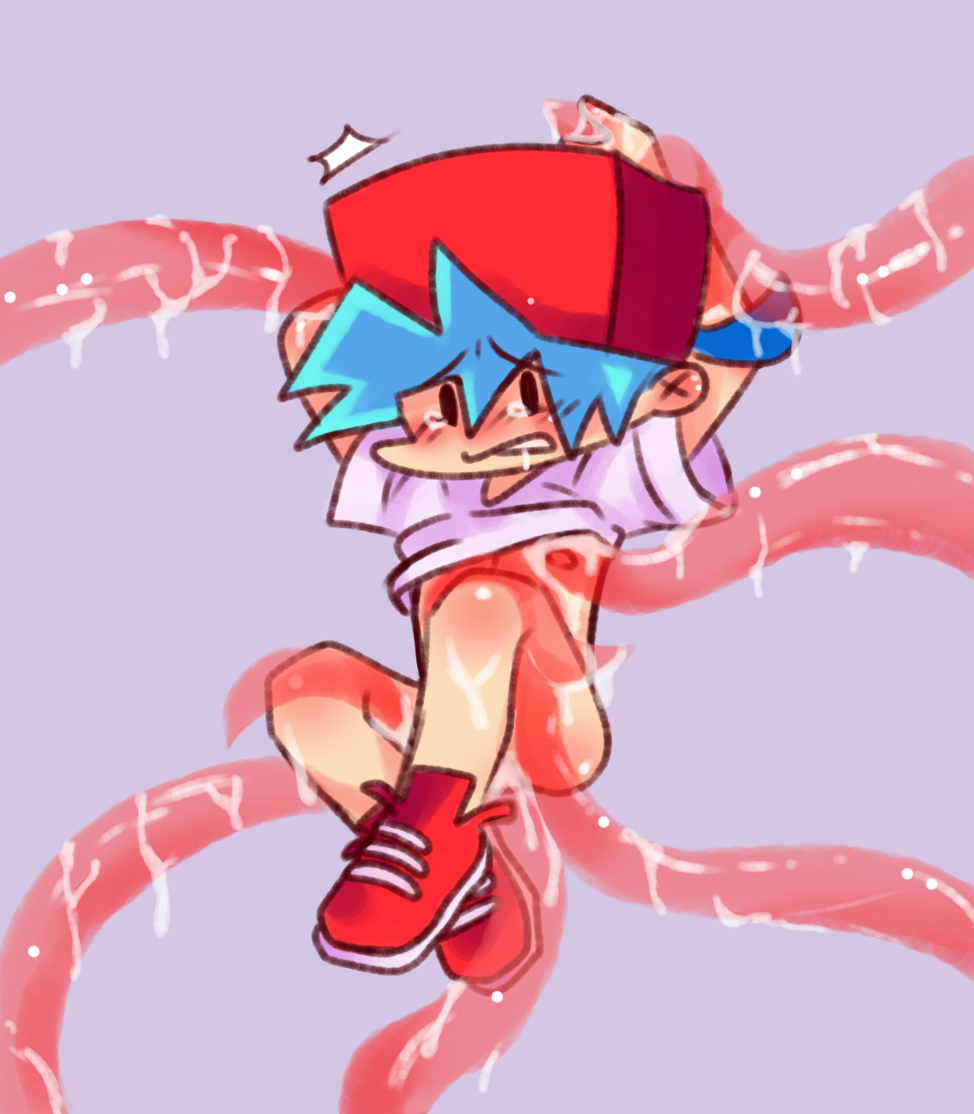 1boy 2d 2d_(artwork) blue_hair boyfriend_(friday_night_funkin) clothed crying crying_with_eyes_open digital_media_(artwork) friday_night_funkin human male male_only red_shoes red_sneakers red_tentacles shoes simple_background sneakers solid_color_background solo_male tears tentacle_on_nipple tentacle_rape tentacle_sex tentacles_around_arms tentacles_around_legs tentacles_on_male unknown_artist video_game_character video_games wet