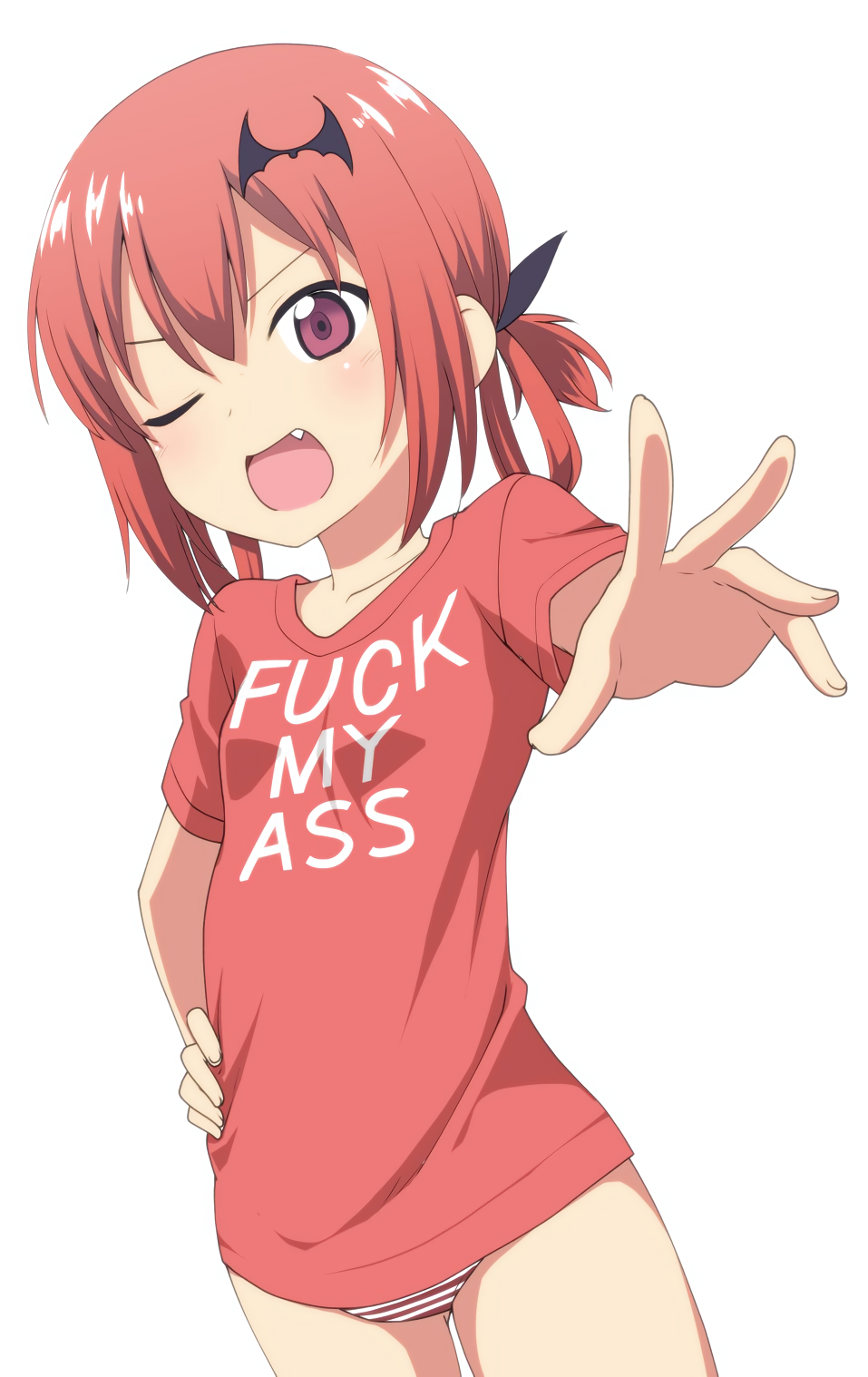 1girl 1girl ;d anal_invitation bat_hair_ornament breasts clothes_writing collarbone commentary_request english_text fang fuck-me_shirt gabriel_dropout hair_ornament hair_rings hand_on_own_hip high_res kannazuki_genshi meme_attire no_pants one_eye_closed open_mouth panties profanity red_eyes red_hair red_shirt ribbon satanichia_kurumizawa_mcdowell shirt side_ponytail simple_background small_breasts smile standing striped striped_panties t-shirt underwear v-shaped_eyebrows