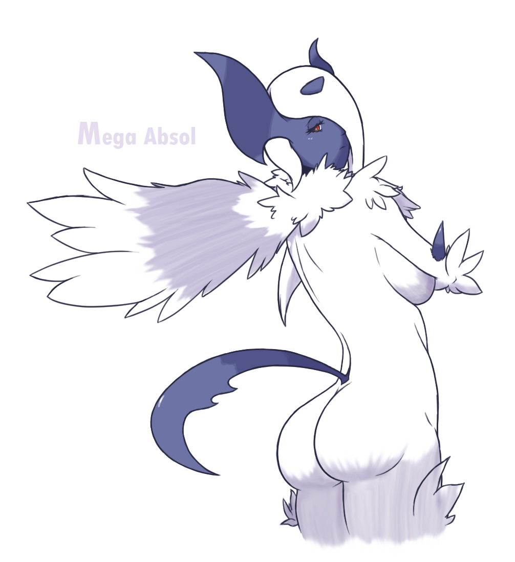 absol anthro ass black_skin breasts english_text eyelashes female frown fur furry horn looking_at_viewer mega_absol midnitez nintendo nude plain_background pokemon presenting presenting_hindquarters red_eyes shadow sideboob skin solo spikes standing text video_games white_background white_eyes white_fur wings