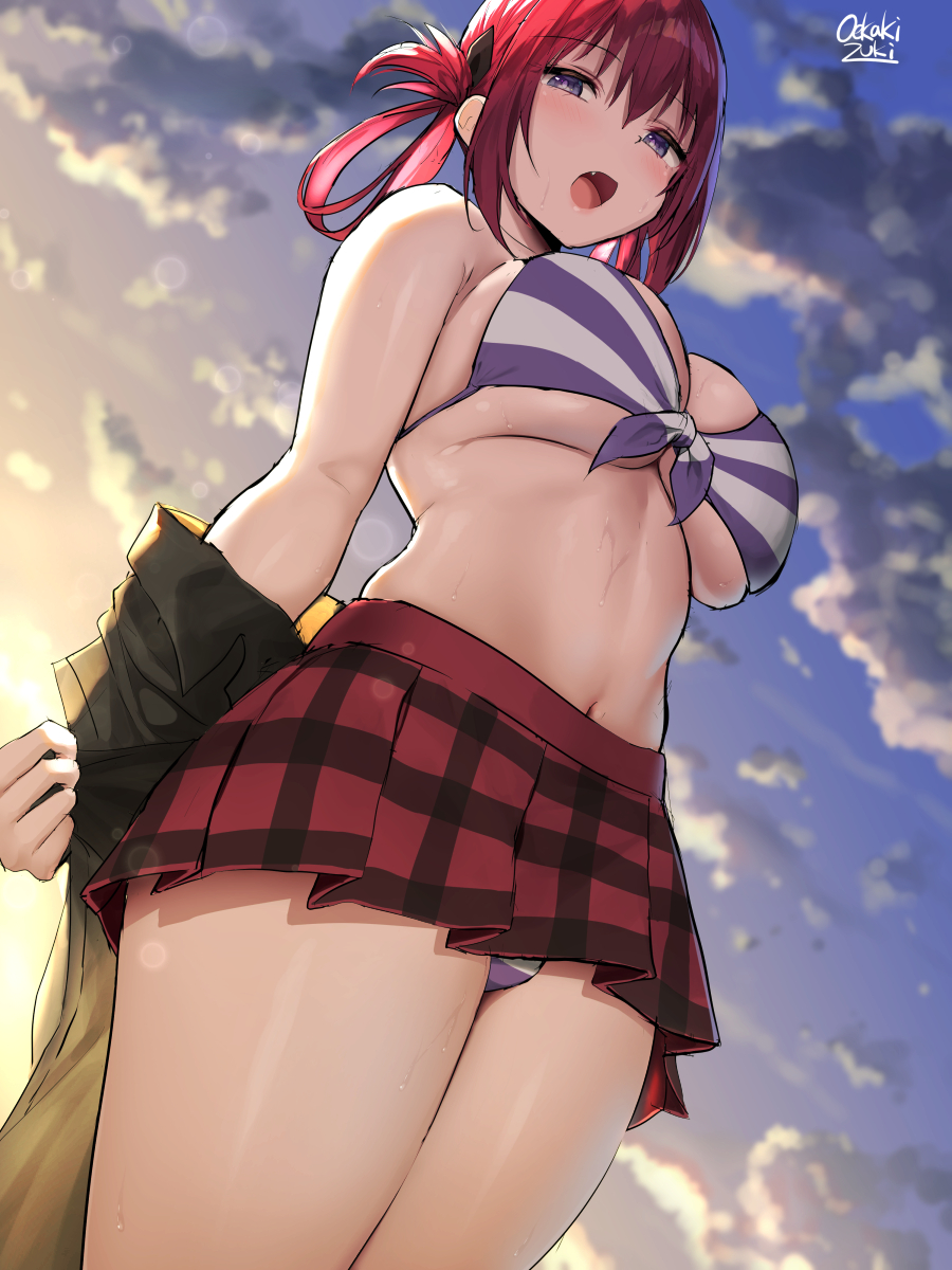 1girl :o artist_name bare_shoulders big_breasts bikini bikini_top_only breasts cleavage cloud cloudy_sky commentary fang folded_hair from_below front-tie_top gabriel_dropout hair_between_eyes hair_rings high_res miniskirt navel oekakizuki off_shoulder open_mouth outside panties plaid plaid_skirt pleated_skirt purple_eyes red_hair red_skirt satanichia_kurumizawa_mcdowell shirt_removed sidelocks skirt sky standing stomach striped striped_bikini striped_panties sweat swimsuit thighs under_boob underwear wet