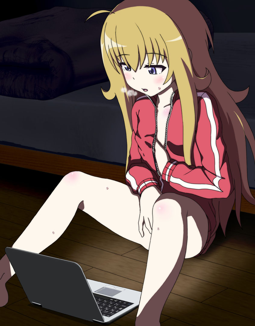 1girl 1girl ahoge at_computer bed blonde_hair blush body_blush breasts breath collarbone commentary_request computer dark_room female_masturbation fingering gabriel_dropout gabriel_tenma_white grabbing_own_breast hair_between_eyes jacket laptop long_hair long_sleeves marugen masturbation on_floor open_clothes open_jacket open_mouth photoshop_(medium) purple_eyes sitting small_breasts spread_legs sweat track_jacket very_long_hair wooden_floor