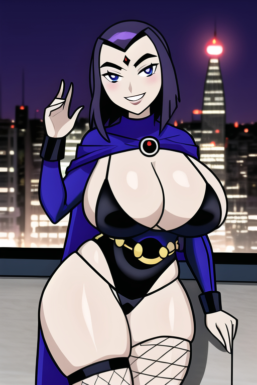 1girl ai_generated black_leotard cityscape dc_comics fishnet_stockings grin huge_breasts night_sky purple_hair raven_(dc) short_hair solo_female teen_titans thick_thighs