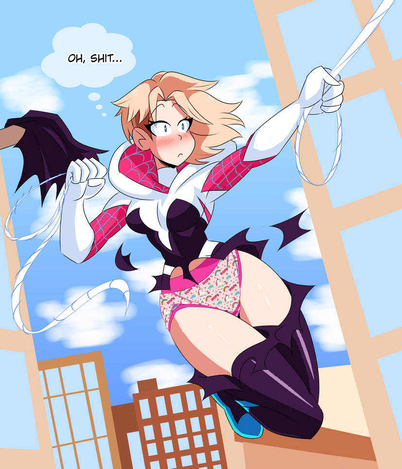 blush childish_panties city embarrassed embarrassed_underwear_female embarrassing euf grappling_hook gwen_stacy horse_print imsomethingradical marvel new_york older older_female panties printed_panties ripped_pants spider-gwen spider-man:_into_the_spider-verse spider-man_(series) unicorn_print young_adult young_adult_female young_adult_woman