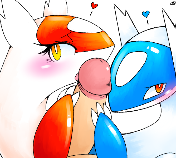 bisexual blush erection fellatio female group heart human interspecies latias latios licking looking_at_viewer male mutsurf nintendo open_mouth oral oral_sex penis plain_background pokemon pokephilia red_eyes sex threesome tongue video_games white_background yellow_eyes