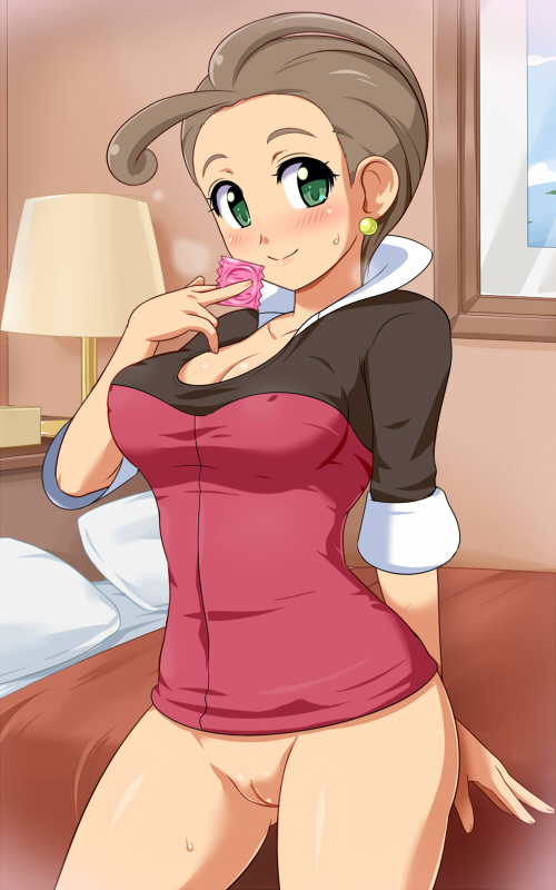 1girl bed blush bottomless breasts brown_hair cleavage condom_wrapper covered_nipples earrings erect_nipples green_eyes jewelry konpeto lamp large_breasts pansy_(pokemon) pillow pokemon pokemon_(game) pokemon_xy pussy smile solo sweat uncensored