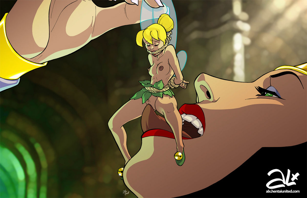 2011 blonde_hair breasts crossover disney dress_lift female fuckit_(artist) green_eyes peter_pan pussylicking queen_grimhilde ropes size_difference snow_white_and_the_seven_dwarfs tied tinker_bell tongue wings