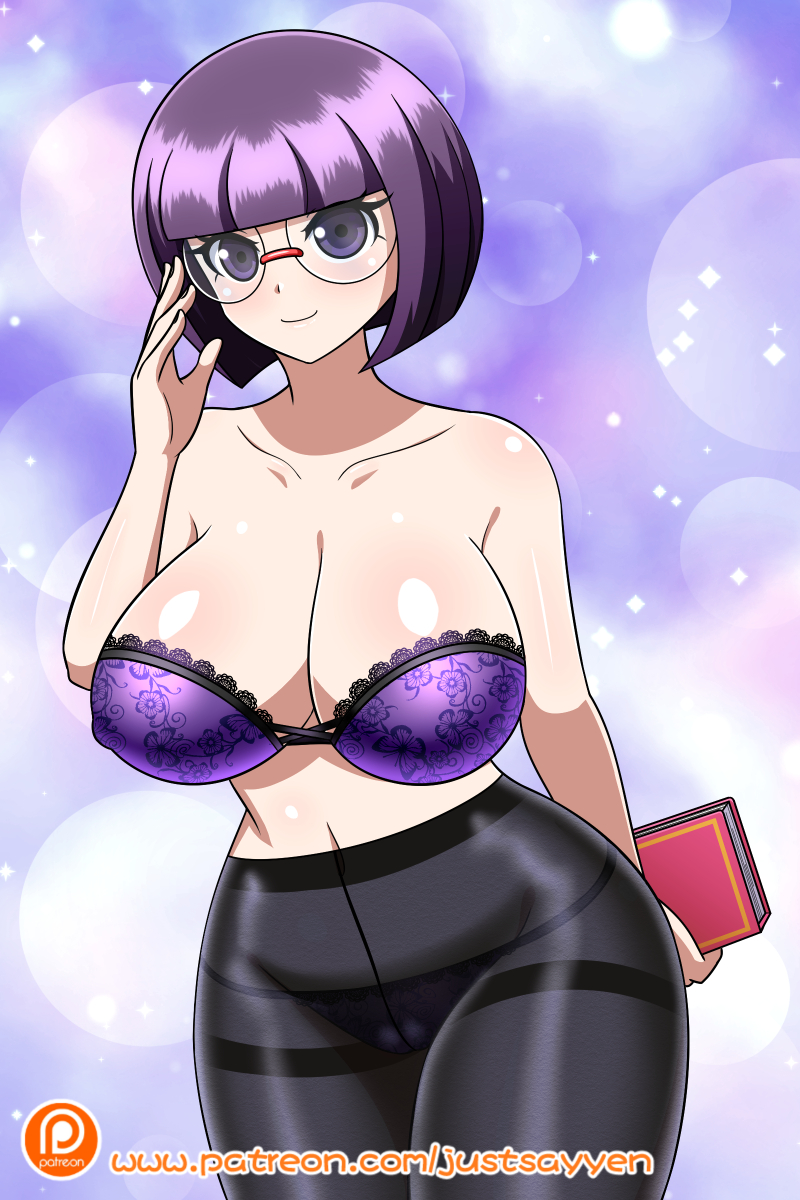 1girl big_breasts bob_cut bra breasts cleavage clothed_female creatures_(company) curvy_figure elite_four elite_four_(unova_region) eye_contact female_focus female_only game_freak glasses huge_breasts humans_of_pokemon looking_at_viewer mature mature_female megane nintendo pantyhose pokemon pokemon_(anime) pokemon_(game) pokemon_black_2_&amp;_white_2 pokemon_black_and_white pokemon_bw pokemon_bw2 pokemon_masters purple_eyes purple_hair shauntal_(pokemon) shikimi_(pokemon) short_hair short_purple_hair smile solo_female solo_focus standing thick_thighs thighs video_game_character video_game_franchise yensh