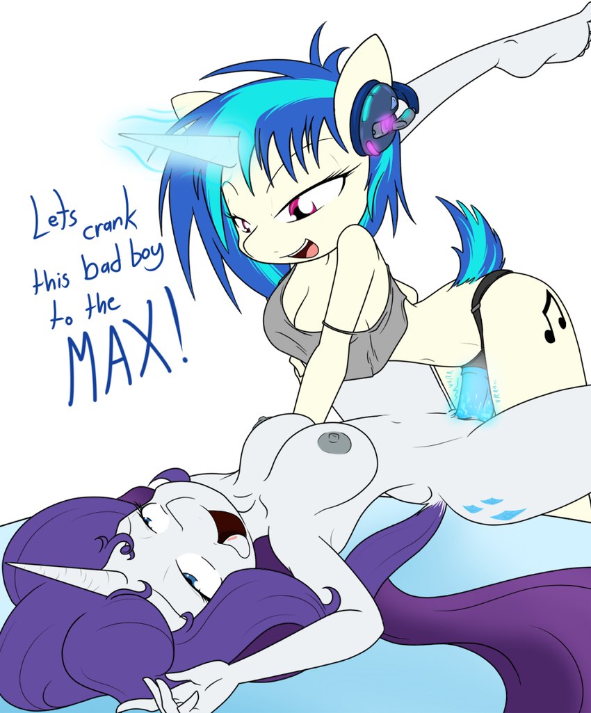 1girl 2016 anthro ass big_breasts blue_eyes blue_hair bodily_fluids breasts cleavage clothed clothing crop_top curvy_figure cutie_mark dialogue digital_media_(artwork) dildo drooling duo english_text equid equine eyelashes female/female fingers friendship_is_magic fur furry genital_fluids genitals glowing glowing_dildo glowing_sex_toy hair hasbro headphones horn horse mammal multicolored_hair my_little_pony navel nipples nude penetration pony purple_hair pussy pussy_juice rarity_(mlp) red_eyes saliva sandwich-anomaly sex_toy shirt simple_background smile strap-on teeth text thick_thighs tongue tongue_out topwear unicorn vaginal vaginal_penetration vinyl_scratch_(mlp) white_background white_body white_fur
