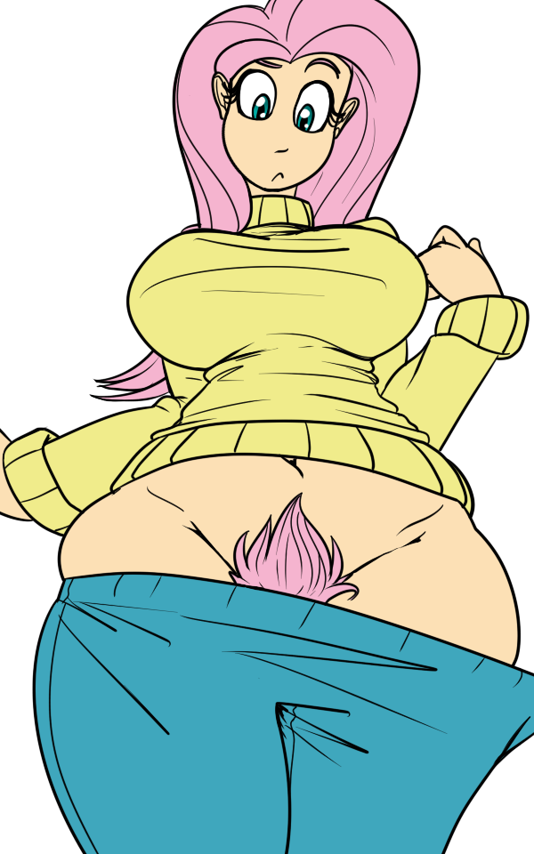 1girl breasts bush embarrassing fluttershy friendship_is_magic humanized large_breasts long_hair my_little_pony pants pink_hair pubic_hair reiduran sweater undressing