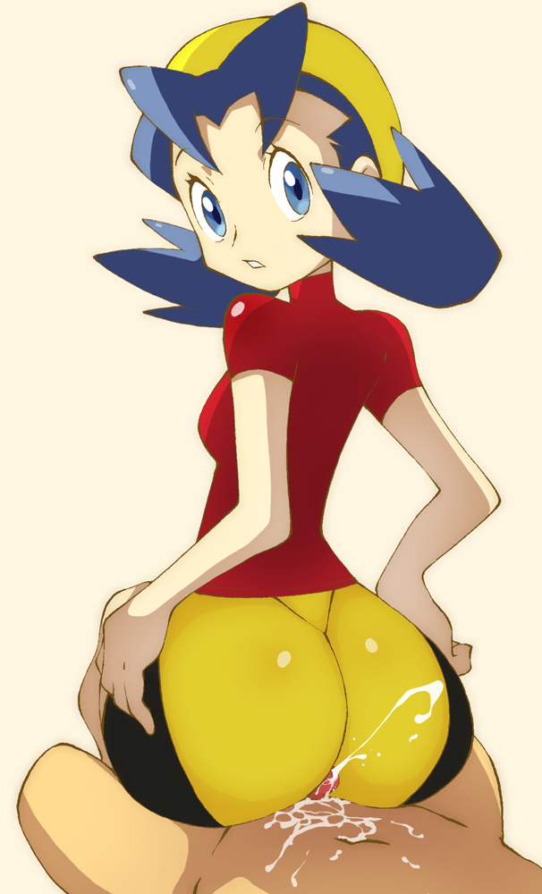 ass bike_shorts blue_eyes bushizo buttjob clothed_female_nude_male crystal_(pokemon) cum grinding hips huge_ass large_ass looking_at_viewer looking_back nintendo pokemon pokemon_(game) pokemon_gsc uncensored wide_hips