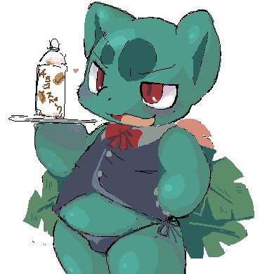 bow chubby drink grass_type_pokemon ivysaur male nori_(akusei_shinseibutsu) nori_(artist) pokemon red_eyes solo underwear