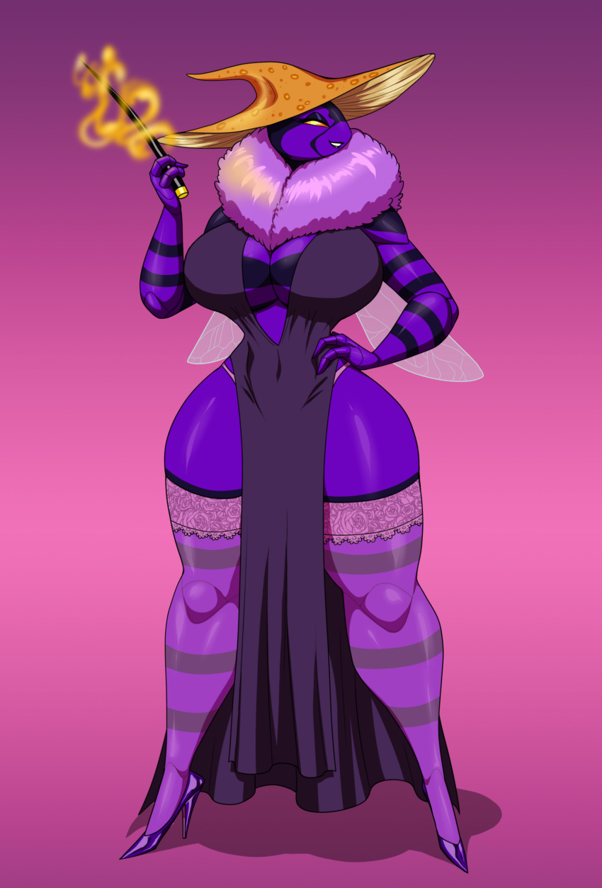 bee big_breasts black_lipstick breasts clothed clothing cordyllia crovirus curves curvy dress footwear lipstick magic magic_user magic_wand makeup panties purple_fur sexy stockings thick_ass thick_thighs thighs witch witch_hat