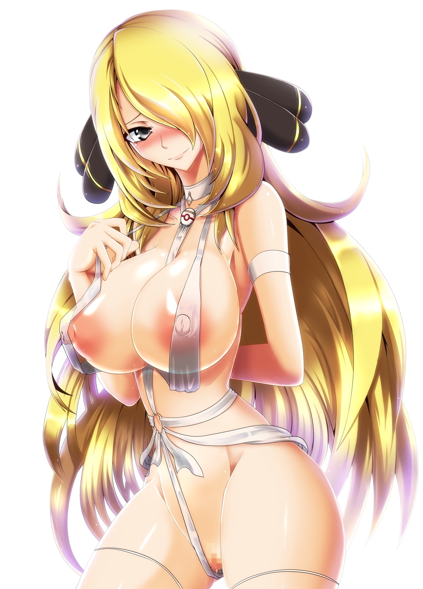 00s 1girl absurdres areolae arm_behind_back bare_shoulders blonde_hair blue_eyes blush breasts censored choker creatures_(company) cynthia_(pokemon) game_freak hair_ornament hair_over_one_eye highres huge_breasts humans_of_pokemon large_areolae lingerie long_hair looking_at_viewer navel nintendo nipples pokemon pokemon_(anime) pokemon_(game) pokemon_black_2_&amp;_white_2 pokemon_black_and_white pokemon_bw pokemon_bw2 pokemon_champion pokemon_diamond_pearl_&amp;_platinum pokemon_dppt porkyman shirona_(pokemon) silver_eyes simple_background solo tony_man+ underwear white_background