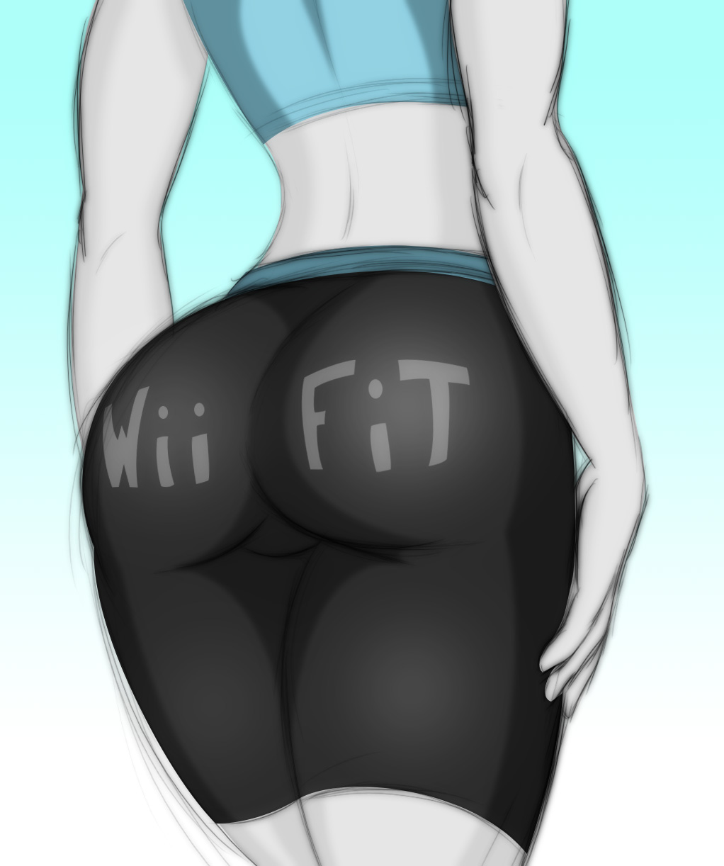 1girl ass back bike_shorts close-up clothes_writing female head_out_of_frame highres huge_ass jrvanesbroek lilmissjay midriff nintendo pale_skin pov_ass rough skin_tight solo spandex super_smash_bros. tank_top tanktop trainer_(wii_fit) white_skin wii_fit wii_fit_trainer yoga_pants