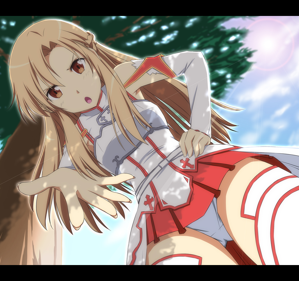 &gt;:o 1girl :o armor asuna_(sao) braid breastplate brown_eyes brown_hair cloud detached_sleeves female from_below hand_on_hip lens_flare letterboxed long_hair looking_at_viewer looking_down nori_tamago open_mouth outstretched_hand panties pantyshot perspective pov pov_eye_contact sky solo sunlight sword_art_online thighhighs tree tree_shade underwear upskirt white_legwear white_panties