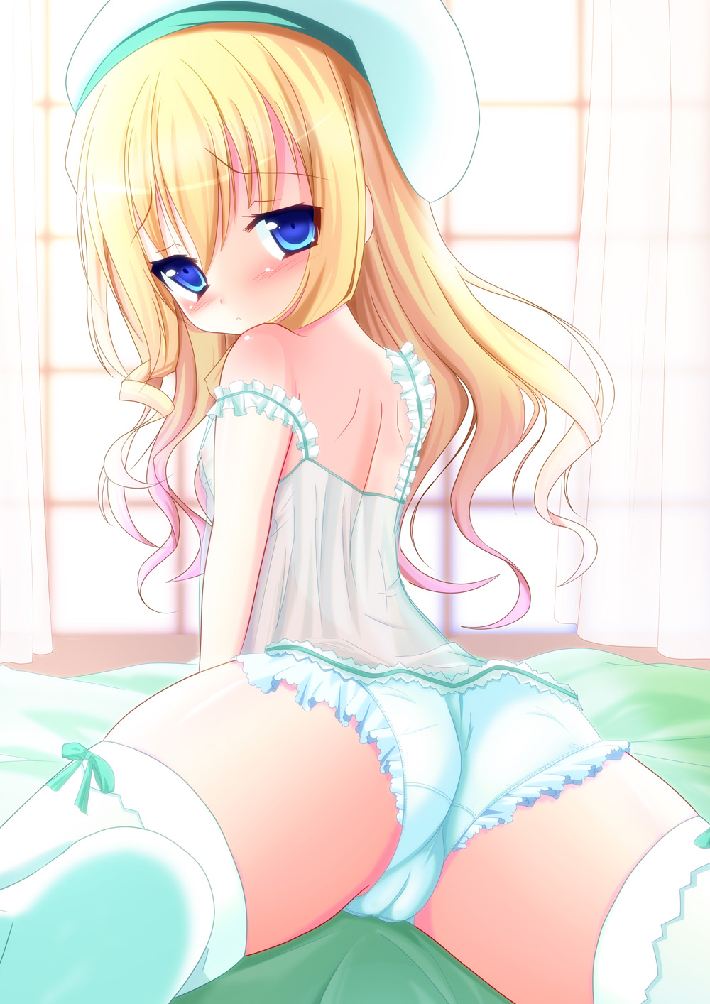 1girl arm_support ass blonde_hair blue_eyes blush cameltoe camisole feet female frilled_panties frills from_behind hat highres long_hair looking_back lying okatora on_stomach original panties see-through solo spread_legs thighhighs underwear