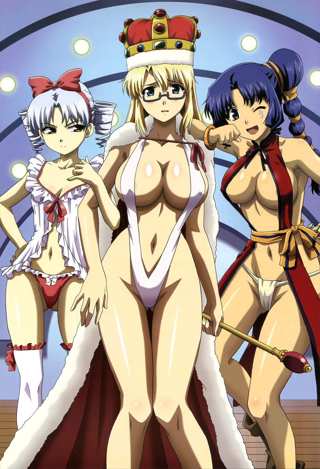 3_girls absurdres areola_slip art atia_simmons babydoll big_breasts blonde_hair blue_eyes blue_hair blush bow bracelet braid breast_envy breasts cape chinese_clothes cleavage crown drill_hair female female_only freezing_(series) fundoshi glasses groin hair_bow highres japanese_clothes jealous jewelry kneehighs legs long_hair long_legs looking_at_breasts miyata_naomi multiple_girls navel nyantype official_art one_eye_closed open_mouth panties ponytail rana_linchen revealing_clothes robe rod satellizer_el_bridget scepter short_hair silver_hair slingshot_swimsuit smile socks standing swimsuit thighs twin_drills twin_tails underwear wink