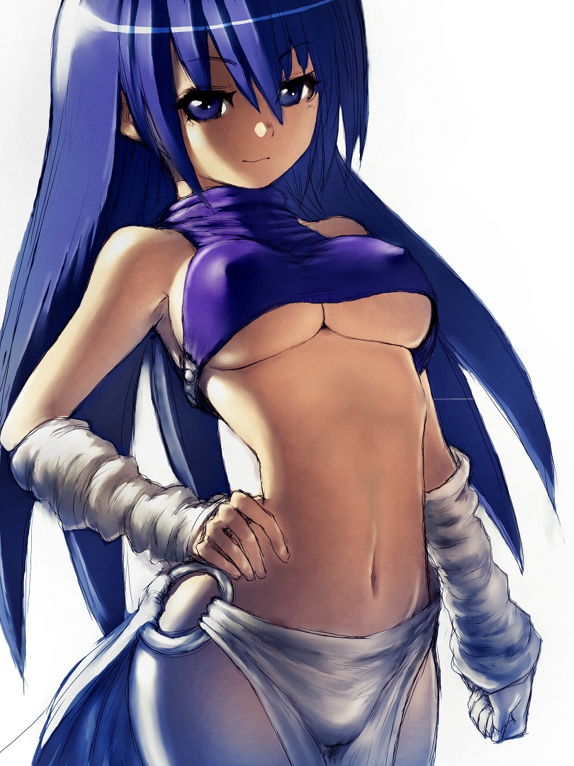 1girl belly blue_eyes blue_hair breasts erect_nipples eve_neuschwanstein female female_only fumio_(rsqkr) hair hand_on_hip hips humio long_hair midriff navel needless solo underboob