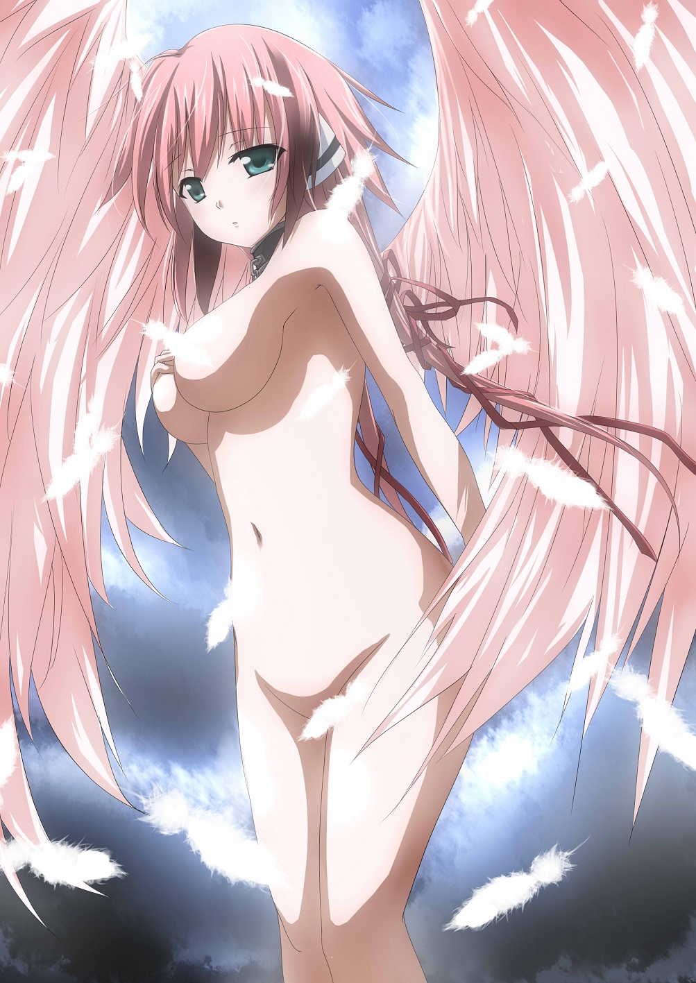 1girl :o akita_hika angel_wings bad_id big_breasts blush breasts censored convenient_censoring cowboy_shot feathered_wings feathers female female_only green_eyes highres hika_(hikara) ikaros navel nude pink_hair robot_ears short_hair solo solo_female sora_no_otoshimono wings