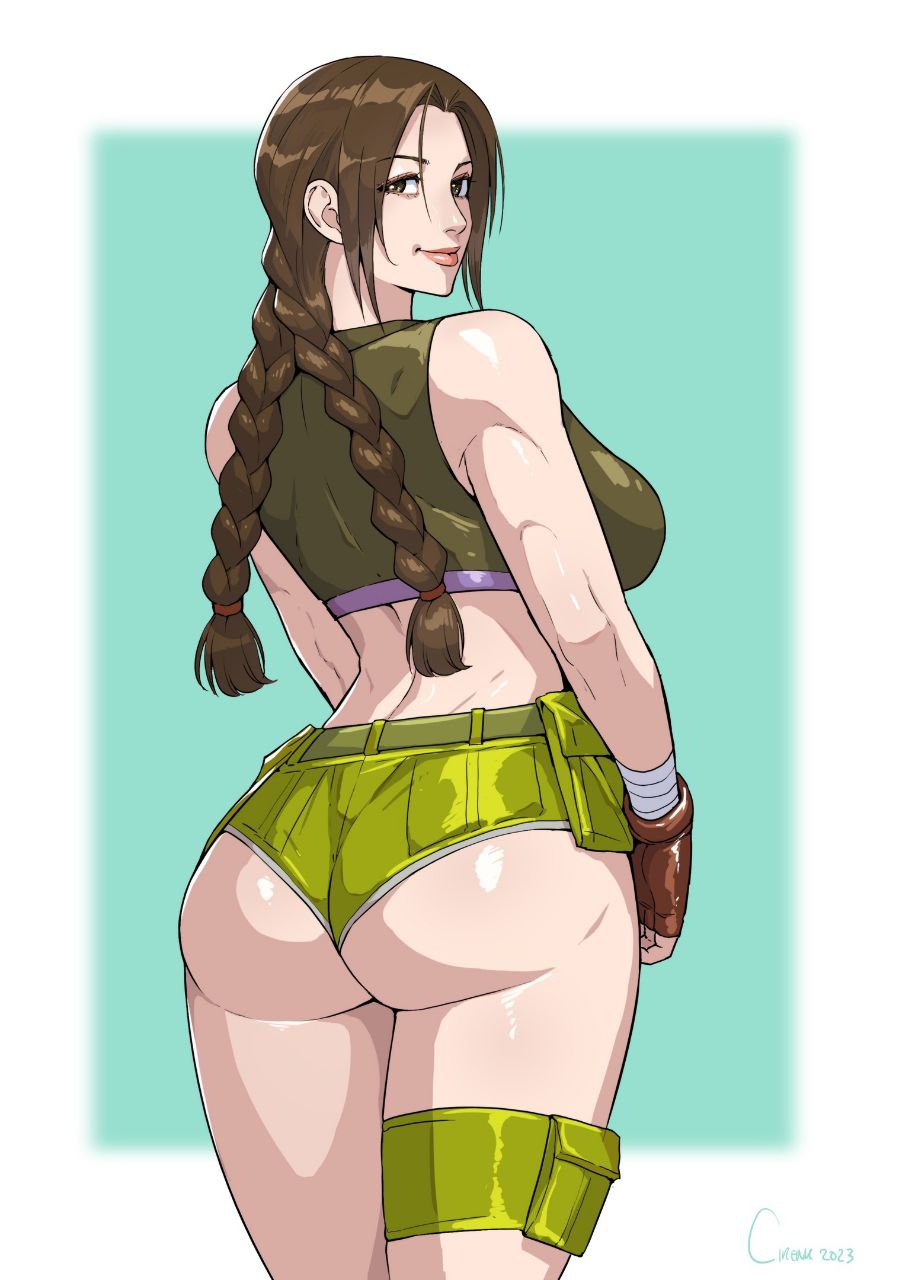 1girl 2023 2d 2d_(artwork) alluring artist_signature ass athletic athletic_female back_view bandaged_arm bare_shoulders big_ass big_breasts braided_hair braided_ponytail brown_eyes brown_gloves brown_hair cirenk cute cute_face dark_green_jacket dat_ass female_only fit_female gloves green_shorts grin hands_on_hips julia_chang leg_bag light-skinned_female looking_at_viewer looking_back namco purple_shirt rear_view short_jacket short_shorts shorts side_view sideboob simple_background smiling_at_viewer solo_female solo_focus standing tekken tekken_3 tekken_4 tekken_5_dark_resurrection tekken_7 tekken_8 tekken_bloodline tekken_tag_tournament tekken_tag_tournament_2 twin_braids twin_tails two-tone_background video_game video_game_franchise video_games