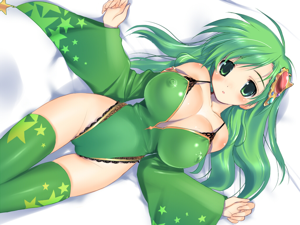 1girl adult bare_shoulders blush breasts cameltoe cleavage erect_nipples female final_fantasy final_fantasy_iv green green_eyes green_hair green_legwear hair_ornament hima hips huge_breasts long_hair looking_at_viewer lying older on_back rydia solo thighhighs wide_hips