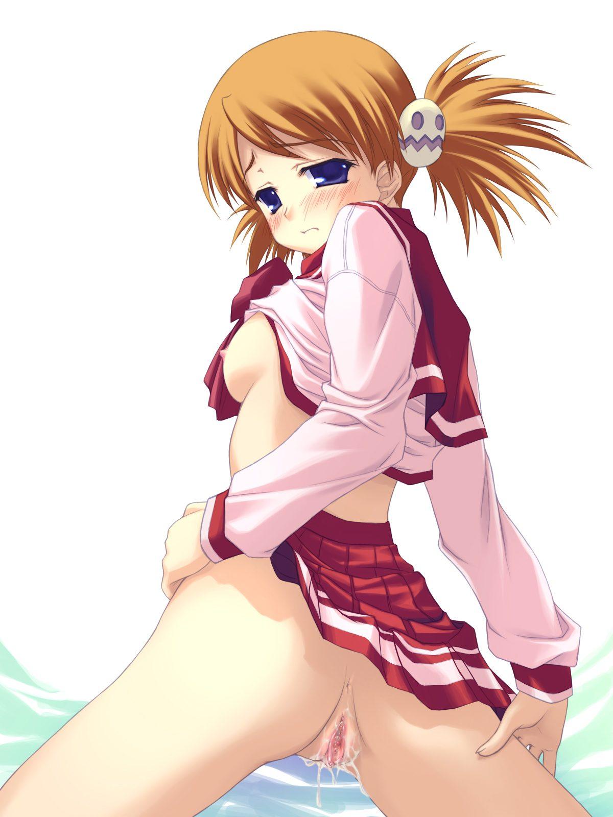 1_girl 1girl anus art artist_request ass bare_legs blonde blonde_hair blue_eyes blush bottomless breasts embarrassed female game_cg hair_ornament high_res highres jpeg_artifacts karin_sasamori legs long_sleeves looking_at_viewer looking_back nipples no_bra no_panties pussy pussy_juice sasamori_karin school_uniform serafuku shirt_up shy sideboob skirt skirt_lift solo spread_legs to_heart to_heart_2 twintails uncensored