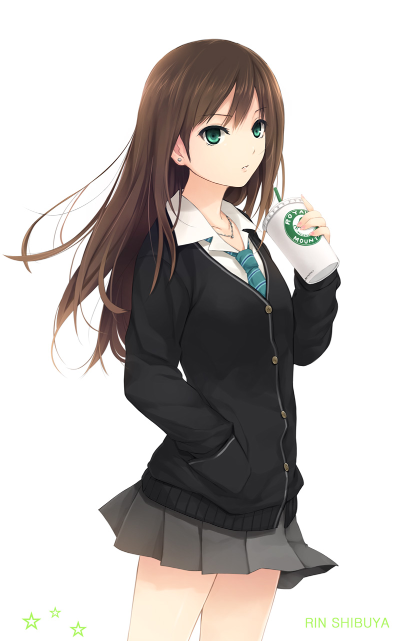 1girl aqua_eyes brown_hair cardigan character_name coffee coffee-kizoku earrings female hand_in_pocket highres holding idolmaster idolmaster_cinderella_girls jewelry long_hair looking_at_viewer necklace necktie parted_lips pleated_skirt school_uniform shibuya_rin simple_background skirt solo white_background