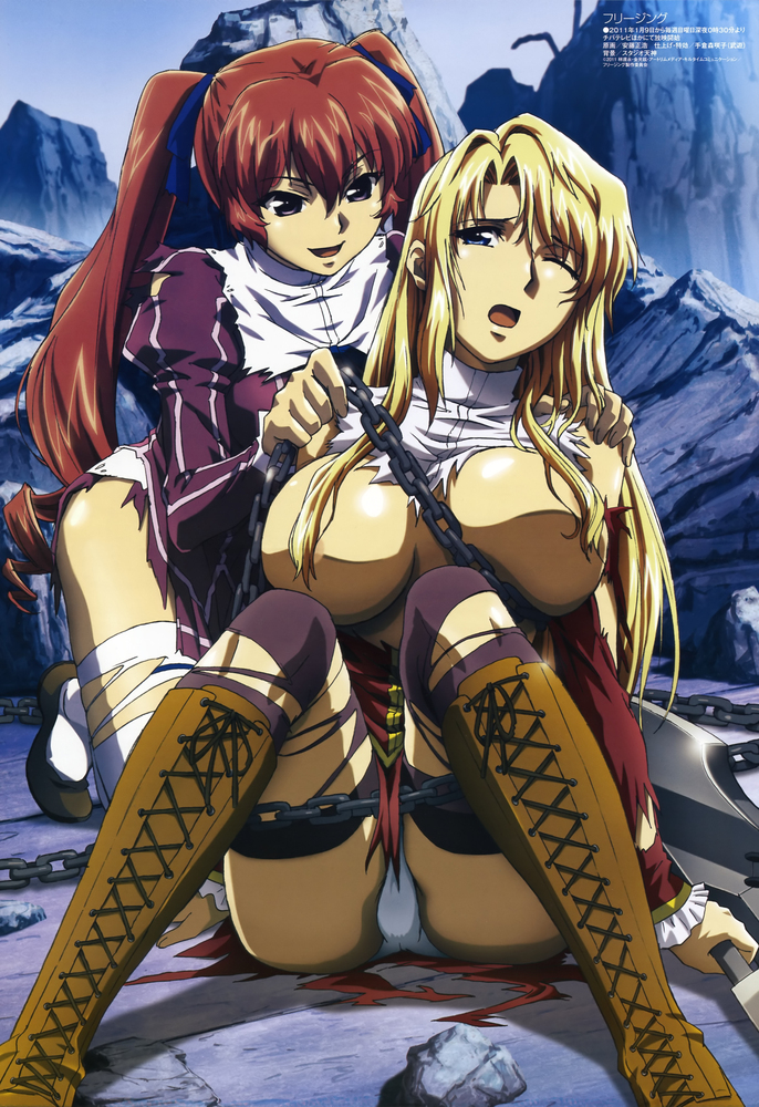 2_girls 2girls absurdres andou_masahiro arm_support art big_breasts black_thighhighs blonde blonde_hair blue_eyes bondage boots breast_hold breasts breasts_out breasts_outside chain chains cleavage convenient_censoring cross-laced_footwear drill_hair female female_only freezing_(series) genessa_roland hair_between_eyes hair_over_breasts hair_ribbon hand_on_another's_shoulder hand_on_shoulder highres kneel lace-up_boots legs long_hair long_sleeves looking_at_another megami_magazine moaning multiple_girls naughty_face non-web_source official_art one_eye_closed open_mouth panties pantyshot purple_eyes red_hair ribbon rock satellizer_el_bridget scan school_uniform shiny shiny_hair shiny_skin shoes sitting smile stone torn_clothes torn_thighhighs twin_tails underwear very_long_hair weapon white_panties white_thighhighs wince wink yuri