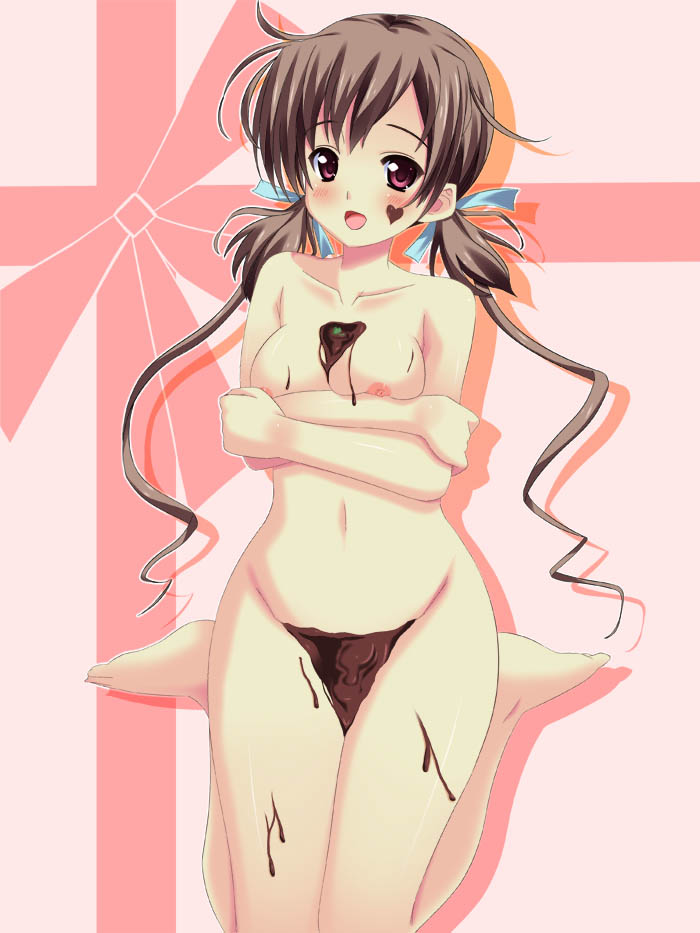 1girl aomi_isara asa_no_ha blush breast_hold brown_hair bust_cup censored chocolate collarbone crossed_arms drill_hair female heart jpeg_artifacts koi_to_senkyo_to_chocolate naked_chocolate nipples nude pink_eyes shiny short_hair sitting smile solo twintails wakamezake wariza