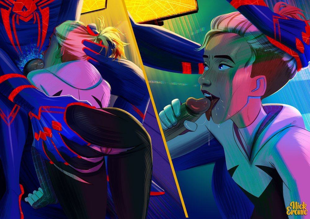 across_the_spider-verse ass_grab blonde_hair blue_eyes fellatio gwen_stacy licking_penis light-skinned_female marvel miguel_o'hara older older_female older_male ripped_bodysuit saliva_string size_difference spider-gwen spider-man_2099 young_adult