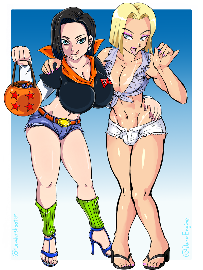 1boy 1girl air_fellatio android android_17 android_18 ball_bulge balls_under_clothes bimbo blonde_female blonde_hair breasts brother_and_sister bulge cleavage cosplay crossdressing crossplay curvy dark_hair darm_engine denim_shorts dragon_ball dragon_ball_z eyeshadow fellatio_gesture female_android_17 femboy girly halloween high_heels hoop_earrings huge_breasts licking_lips lipstick makeup male no_eyewear penis_bulge penis_under_clothes shorts siblings stockings tan_line thick_thighs thighs trap trick_or_treat twins wide_hips