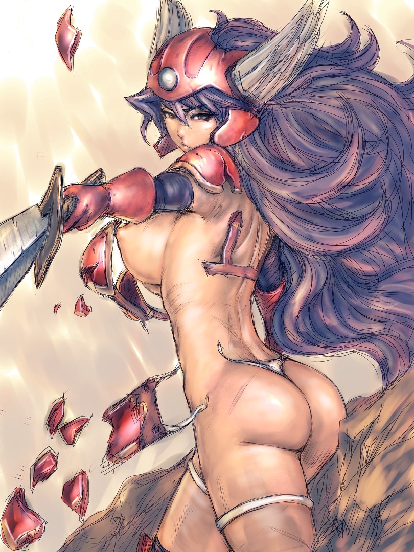 1girl armor ass bare_back breasts broken_armor chunsoft dragon_quest dragon_quest_iii enix erect_nipples exploding_clothes female fumio_(rsqkr) helmet humio large_breasts nipples perky_breasts purple_eyes purple_hair sideboob soldier_(dq3) solo sword torn_clothes wardrobe_malfunction weapon wing_helmet winged_helmet