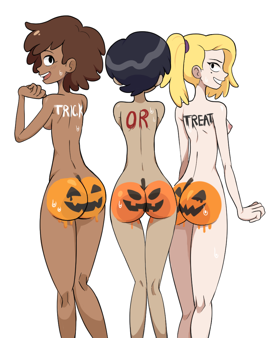 2d 3_girls 3girls ahoge amphibia anne_boonchuy beauty_mark best_friends black_hair blonde_hair blush bodypaint brown_hair casual ceyionmilktea completely_nude completely_nude_female dark-skinned_female dark_hair dark_skin disney disney_channel female_only group halloween human light-skinned_female light_hair light_skin looking_at_viewer looking_back looking_back_at_viewer marcy_wu messy_hair nipples nude nude_female pale_skin ponytail pumpkin_butt rear_view sasha_waybright small_breasts smile straight_hair sweat taiwanese take_your_pick teen teenage_girl thai trick_or_treat trio white_background young