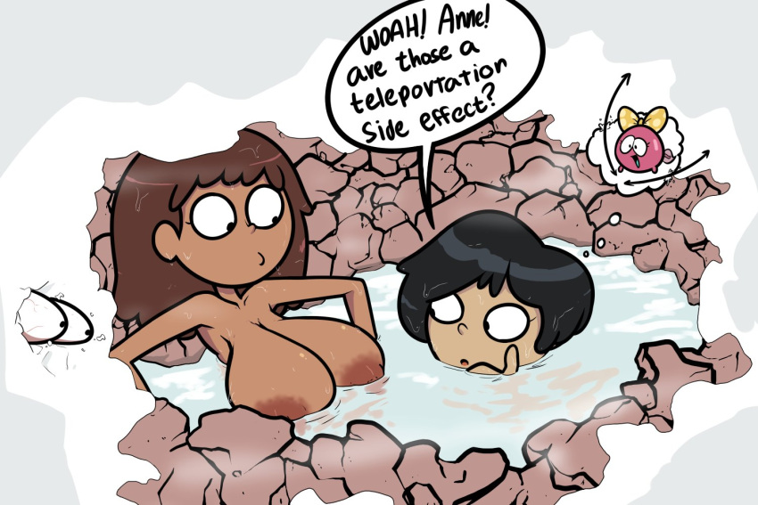 1girl 2_girls amphibia anne_boonchuy bath bathing big_breasts breasts brown_skin color colored dark-skinned_female dark_areola dark_skin dialogue disney disney_channel disney_xd english_text female_only female_protagonist hot_spring huge_breasts light-skinned_female light_skin marcy_wu nipples nude nude_female onsen partially_submerged polly_plantar speech_bubble straight_hair terrible_the_drawfag wet