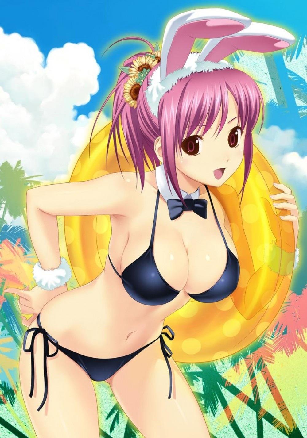 1_girl 1girl animal_ears arm arm_behind_back armpits arms art babe bare_legs bare_shoulders bent_over big_breasts bikini black_bikini black_swimsuit bowtie breasts bunny_ears bunny_girl cleavage cloud detached_collar fake_animal_ears female flower hair_flower hair_ornament halterneck happy high_res highres holding innertube koutaro large_breasts leaning leaning_forward legs looking_at_viewer midriff navel neck open_mouth palm_tree ponytail purple_eyes purple_hair red_eyes see-through shiny shiny_hair shiny_skin short_hair side-tie_bikini sky smile solo standing sunflower swimsuit tree wristband