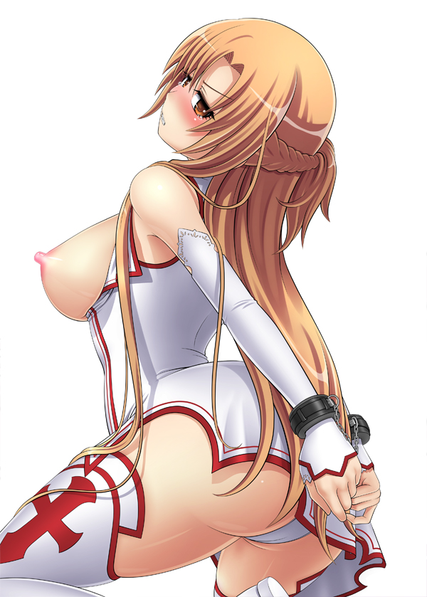 1girl arched_back arms_behind_back ass asuna_(sao) bdsm blush bondage bound bound_wrists braid breasts breasts_outside brown_eyes carrot_works clenched_teeth cuffs detached_sleeves erect_nipples female fingerless_gloves frown gloves hai_raito handcuffs hands kneeling large_breasts long_hair looking_at_viewer looking_back nipples panties pantyshot sideboob simple_background solo sword_art_online teeth thighhighs thighs underwear upskirt white_background white_legwear white_panties