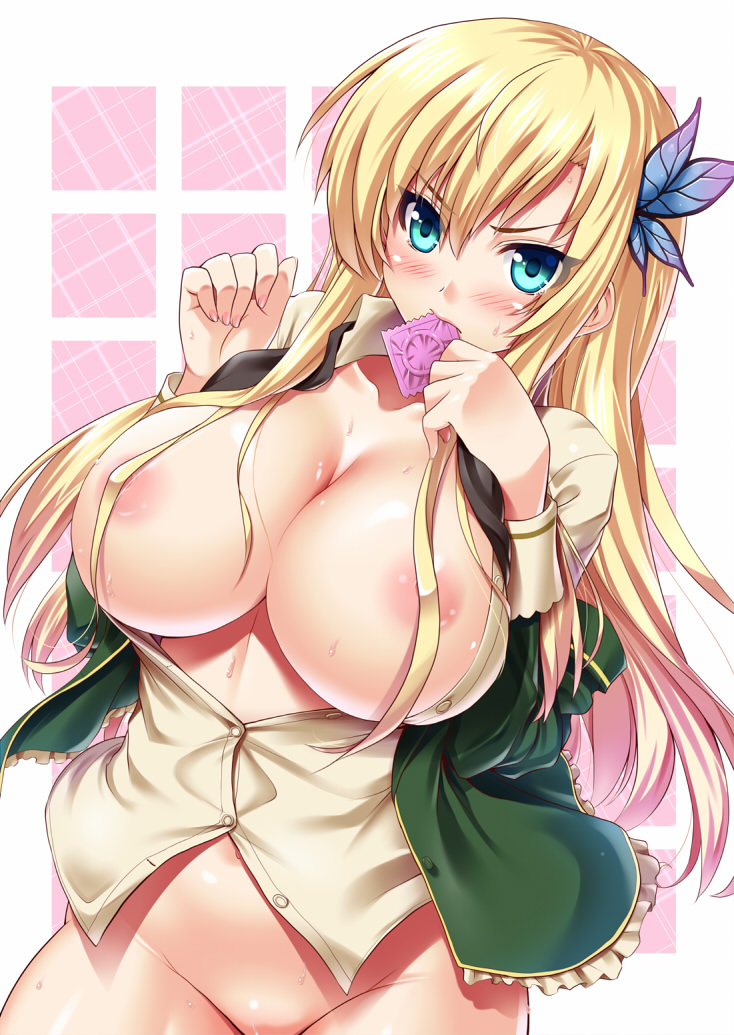 angry areolae blazer blonde_hair blue_eyes blush boku_wa_tomodachi_ga_sukunai bottomless breasts breasts_outside butterfly_hair_ornament censor_hair censored cleavage condom condom_in_mouth convenient_censoring female groin hair_censor hair_ornament hair_over_breasts huge_breasts jacket kashiwazaki_sena kawase_seiki large_breasts long_hair looking_at_viewer mound_of_venus mouth_hold nipples no_bra open_clothes open_shirt out-of-frame_censoring school_uniform shirt solo sweat