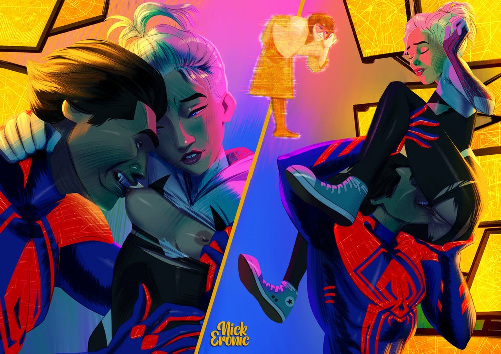 across_the_spider-verse blonde_hair blue_eyes gwen_stacy light-skinned_female marvel miguel_o'hara older older_female older_male size_difference spider-gwen spider-man_2099 young_adult