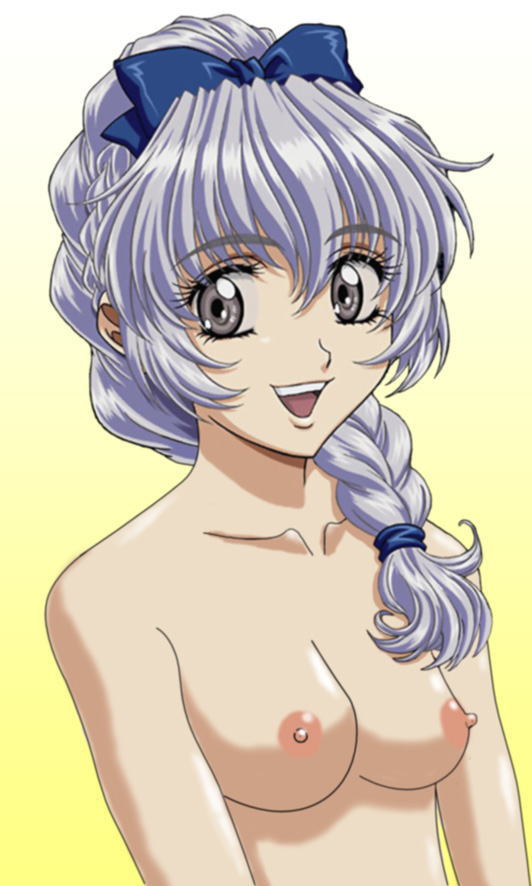 1girl art artist_request bow braid breasts female full_metal_panic full_metal_panic! grey_hair hair happy nipples nude nude_filter open_mouth photoshop smile solo teletha_testarossa