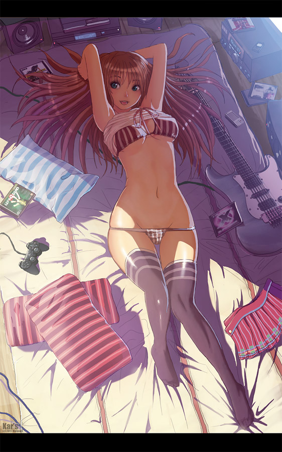 &gt;_&lt; 1girl :3 :d aqua_eyes armpits arms_behind_head arms_up battlefield battlefield:_bad_company_2 battlefield_(series) bed belly big_breasts bikini bikini_top black_legwear black_thighhighs blue_eyes bra breasts brown_hair cable cd cd_case cellphone clothes_lift clothes_pull clothing controller curvaceous curvy dvd_(object) electric_guitar female from_above futon game_console game_controller groin guitar hair instrument jewel_case karanak left_4_dead legwear letterboxed lingerie long_hair lowleg lowleg_bikini lying midriff mound_of_venus navel on_back open-mouth_smile open_mouth operation_flashpoint operation_flashpoint:_dragon_rising original panties pantsu panty_pull phone photoshop_(medium) pillow playstation_2 pleated_skirt purple_hair shade shiny shiny_skin shirt shirt_lift shirt_pull skindentation skirt smile solo speaker stereo stomach striped striped_bra sunlight swimsuit thigh_gap underwear underwear_only underwear_pull unreal_tournament unreal_tournament_3 video_game viewed_from_above x3