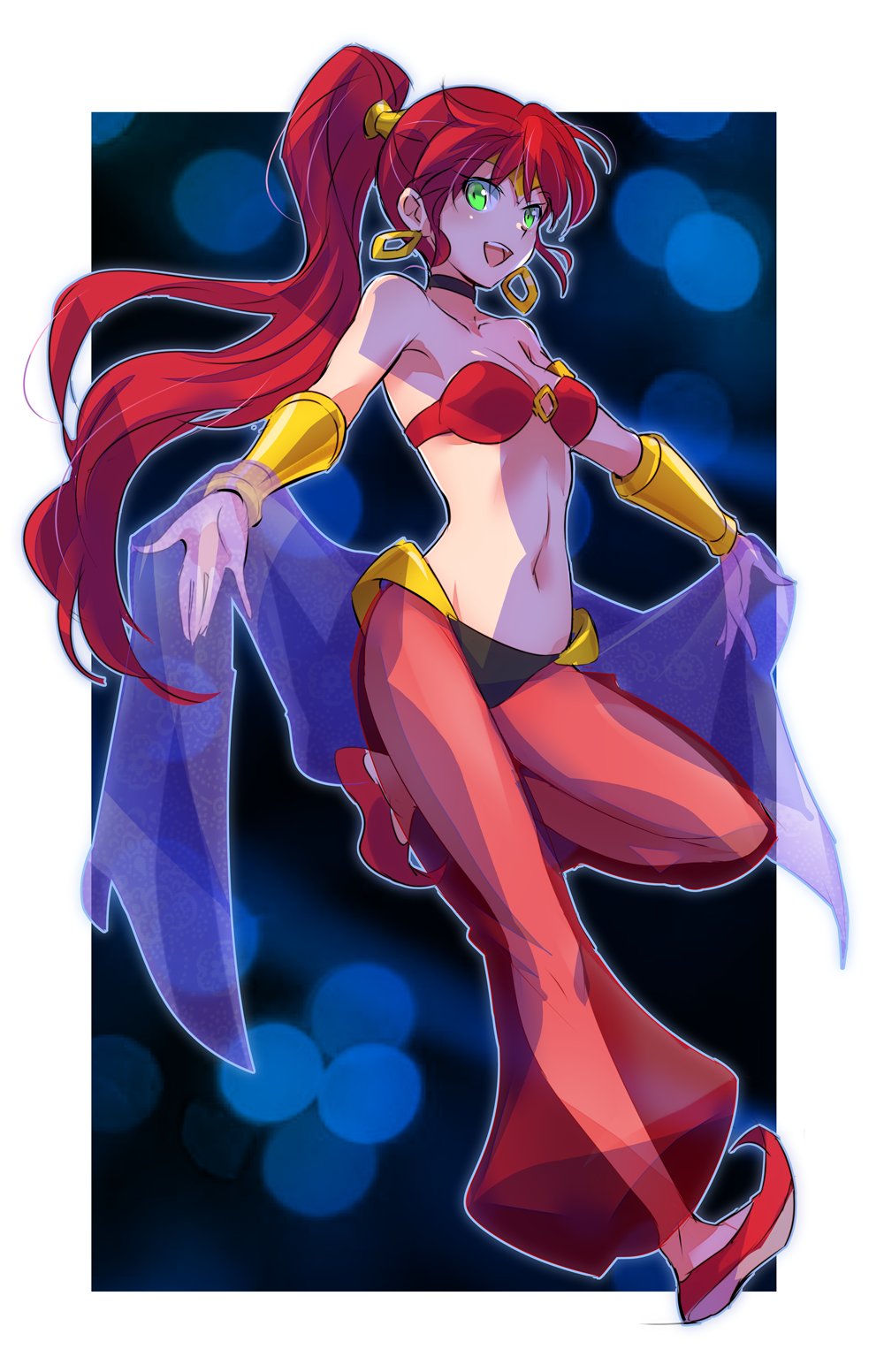 1girl 1girl alluring belly_dancer belly_dancer_outfit big_breasts circlet dancer dancer_outfit earrings green_eyes happy harem_outfit harem_pants iesupa inviting looking_at_viewer navel ponytail pyrrha_nikos red_hair rwby shantae shantae_(cosplay) smile smooth_skin veil very_long_hair voluptuous