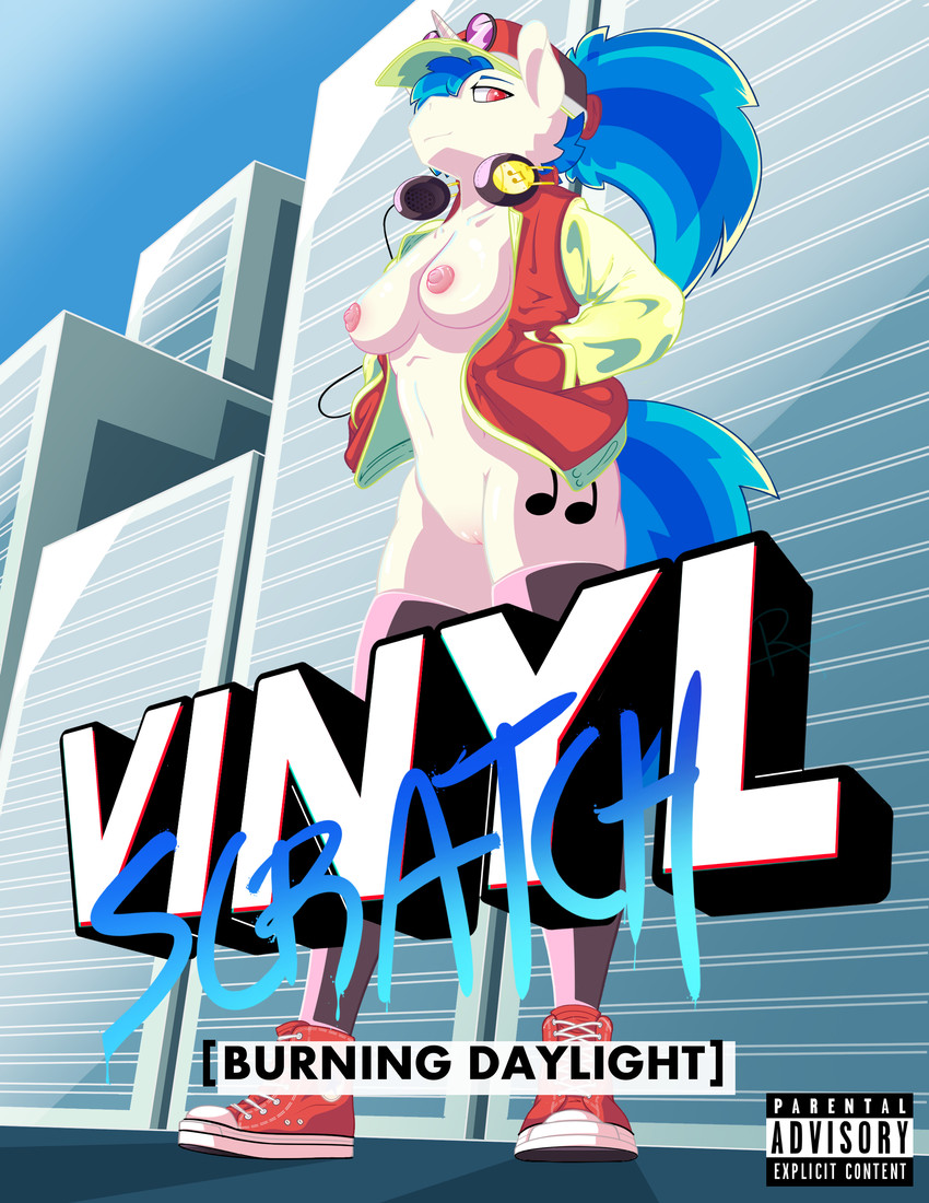1girl 2019 absurd_res album_cover anthro anthrofied areola blue_hair bottomless breasts building casual_exposure chuck_taylor_all_stars clothed clothing cover cutie_mark equid eyewear friendship_is_magic furry genitals hair hands_in_pockets hat headgear headphones headphones_around_neck headwear high_res horn jacket legwear low-angle_view mammal my_little_pony nipples pockets ponytail pussy red_eyes regolithart skyscraper stockings sunglasses topwear unicorn vinyl_scratch_(mlp) worm's-eye_view