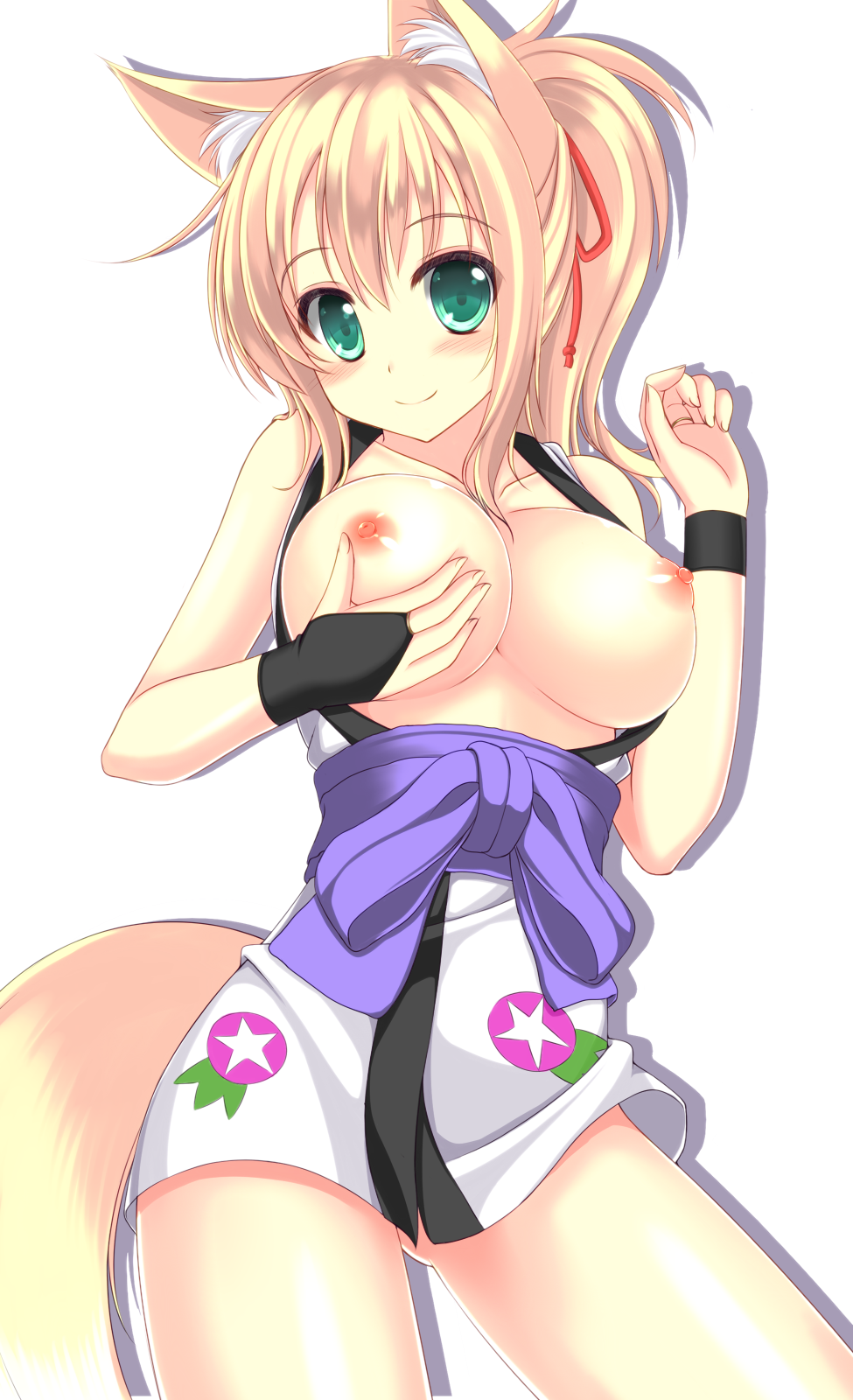 1girl animal_ears blonde_hair blush bow breast_lift breasts breasts_outside dog_days female fox_ears fox_tail green_eyes hair_ribbon highres japanese_clothes large_breasts looking_at_viewer nipples ponytail ribbon smile sogaya solo tail tareme yukikaze_panettone