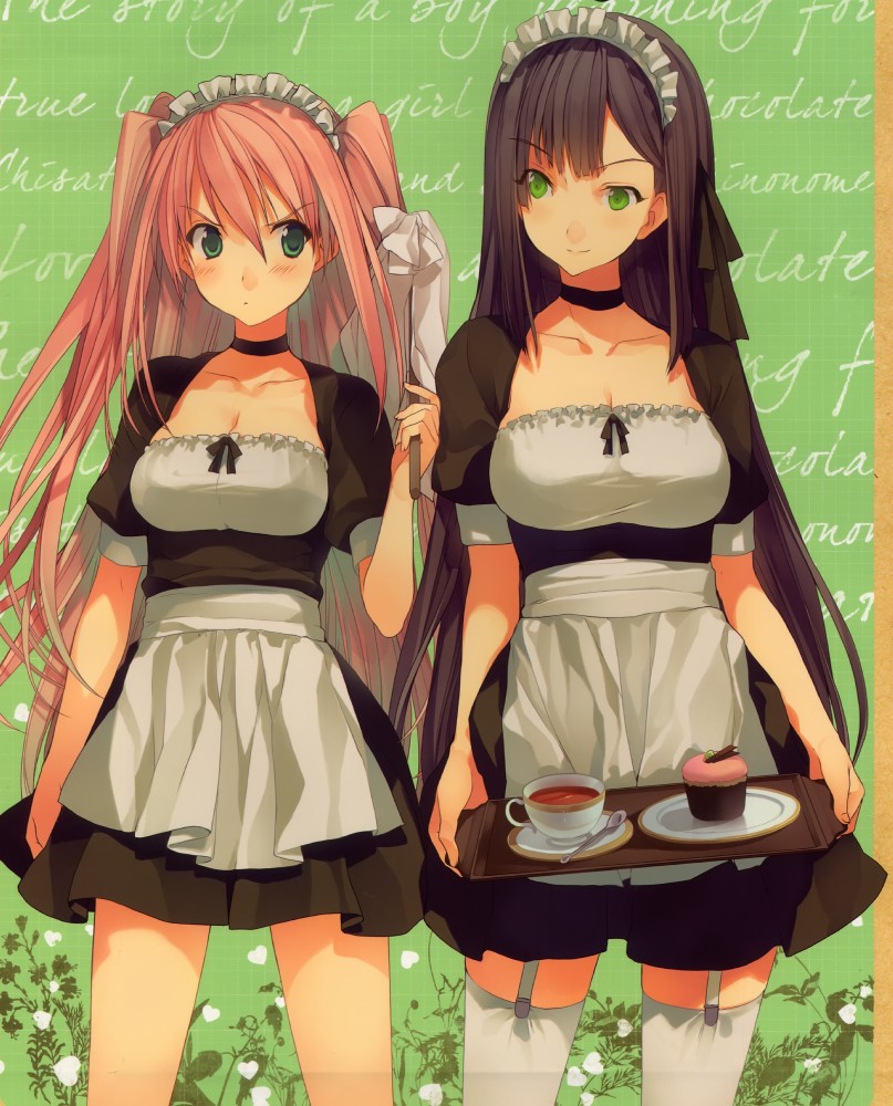 2_girls 2girls absurd_res absurdres akinashi_yuu angry aqua_eyes arm arms art babe bare_legs big_breasts black_hair breast_envy breasts choker cleavage collarbone cup dessert female food garter_belt garter_straps green_eyes hair_between_eyes headdress high_res highres holding koi_to_senkyo_to_chocolate large_breasts legs looking_at_another maid maid_headdress multiple_girls neck pink_hair ribbon scan shinonome_satsuki smile standing sumiyoshi_chisato thighhighs twintails very_long_hair waitress white_thighhighs