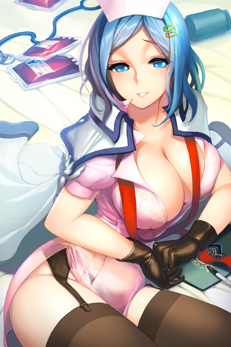 1girl black_gloves black_legwear blood blood_bag blue_eyes blue_hair breasts cape character_request cleavage female garter_belt garter_straps gloves hair_ornament hairclip hat highres large_breasts lips looking_at_viewer nurse nurse_cap parted_lips pen shiny shiny_skin short_hair smile snowball22 solo stethoscope sword_girls thighhighs